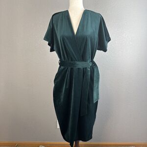 Closet London Kimono Sleeve Velvet Midi Dress Size 10 Wrap Tie Emerald Green